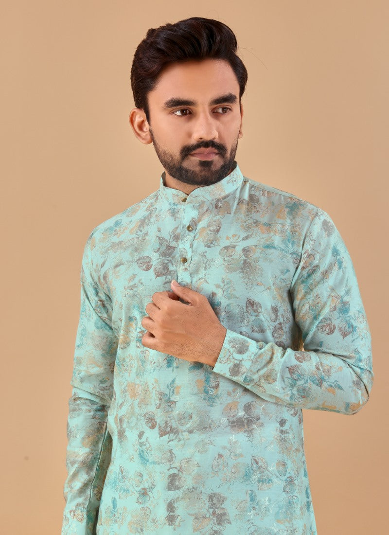 Sky Blue Cotton Men's Kurta Pyjama