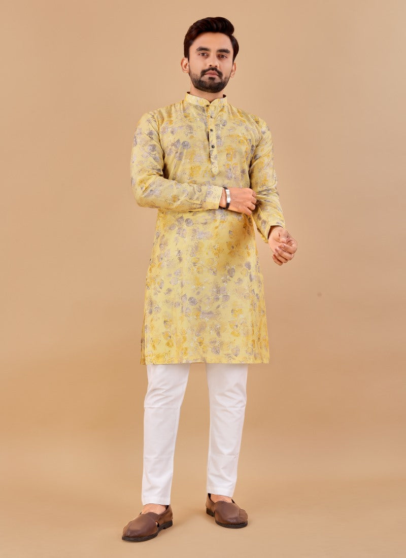 Yellow Cotton Men's Kurta Pyjama