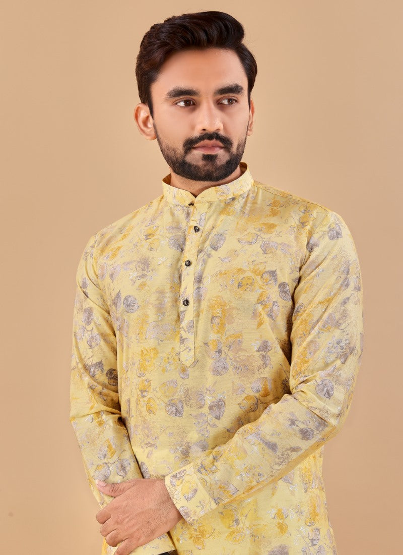 Yellow Cotton Men's Kurta Pyjama-2