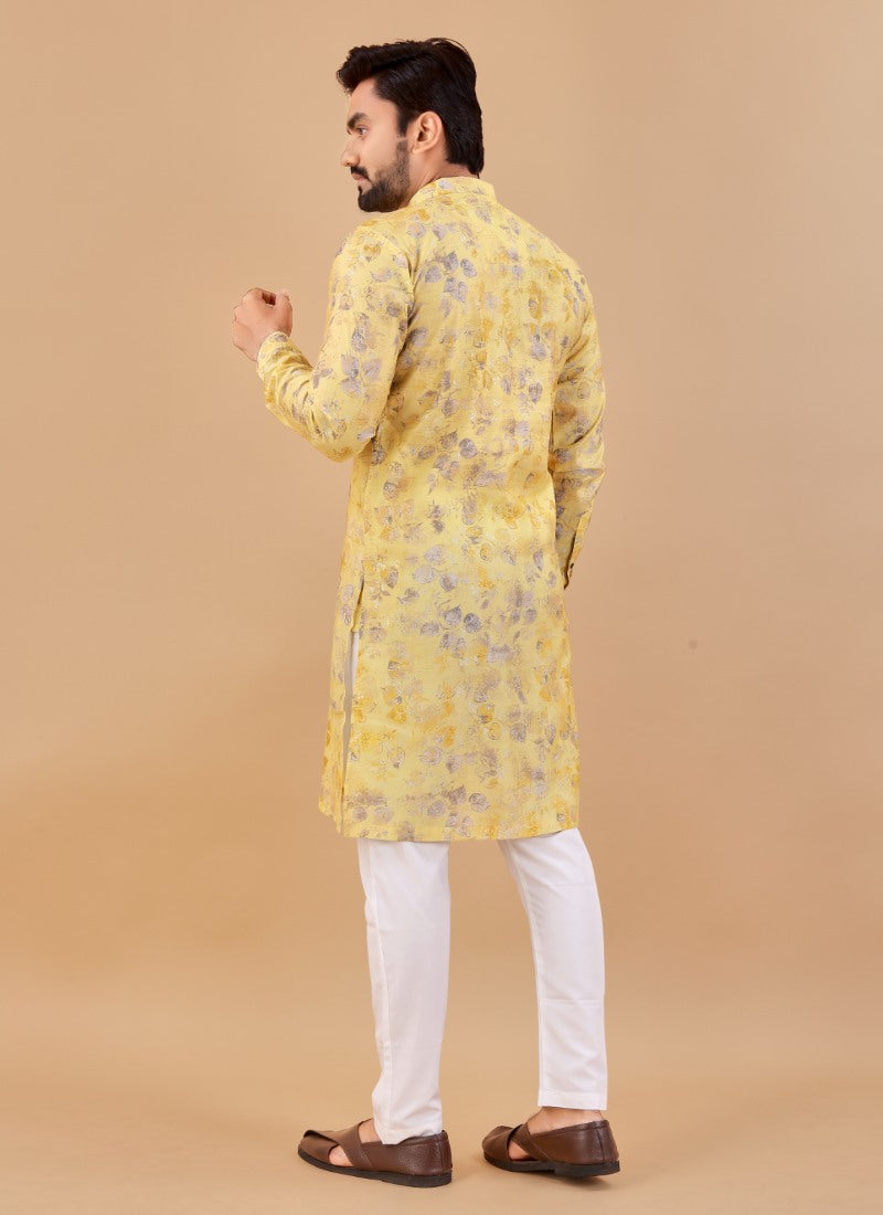 Yellow Cotton Men's Kurta Pyjama