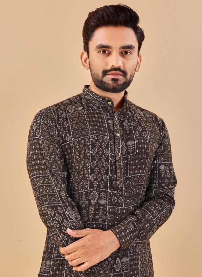 Black Cotton Men's Kurta Pyjama-2