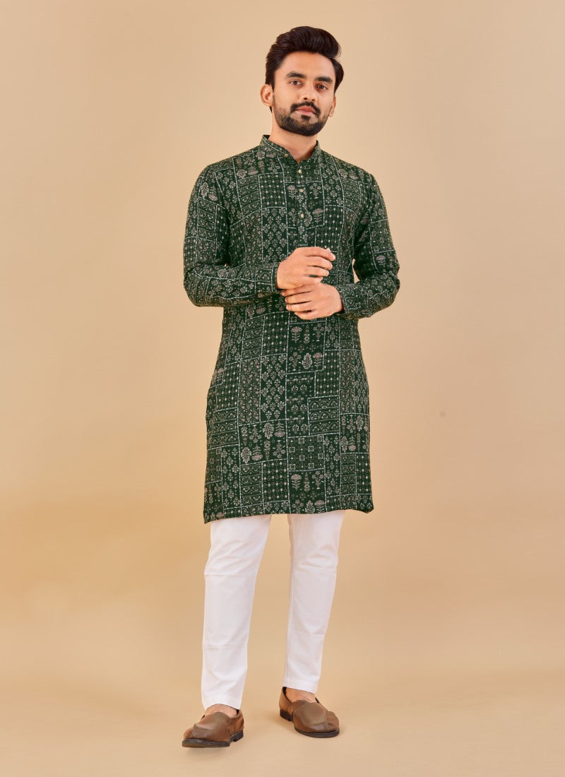 Dark Green Cotton Men's Kurta Pyjama