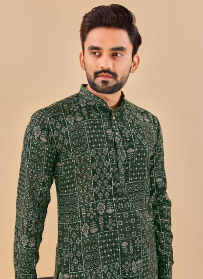 Dark Green Cotton Men's Kurta Pyjama