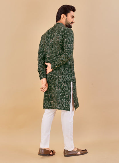 Dark Green Cotton Men's Kurta Pyjama