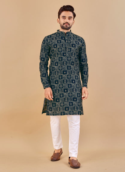 Blue Cotton Men's Kurta Pyjama