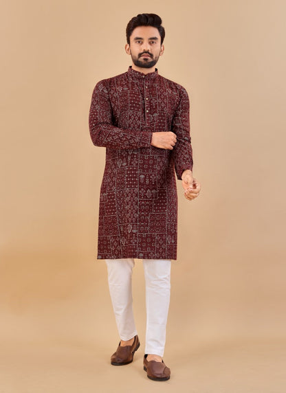 Maroon Cotton Men's Kurta Pyjama