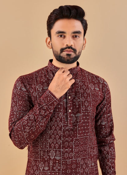 Maroon Cotton Men's Kurta Pyjama