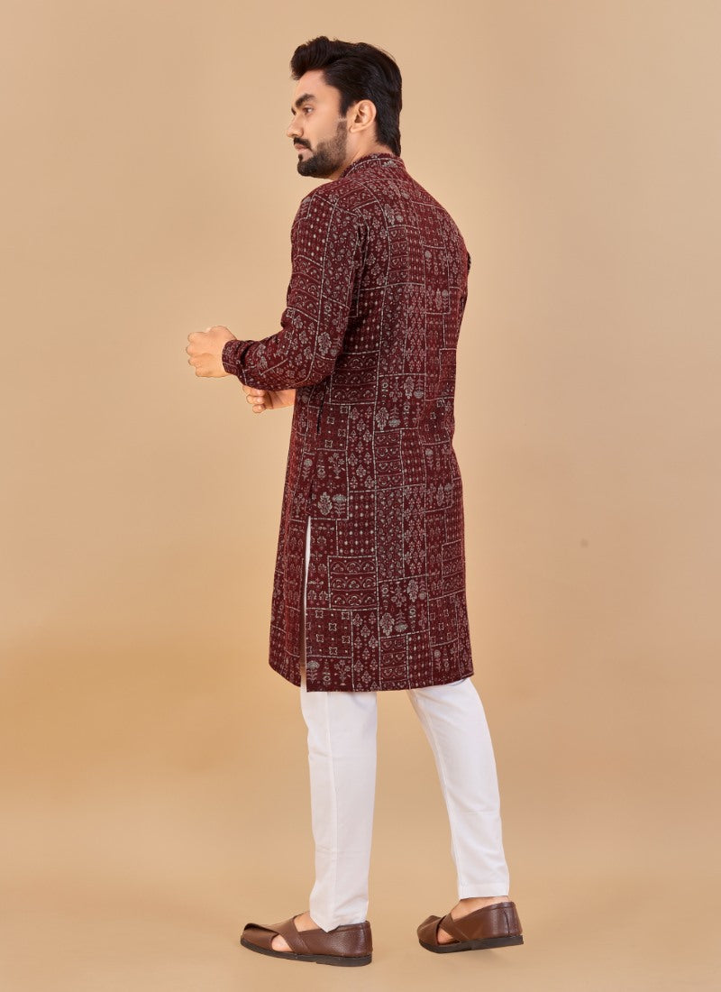 Maroon Cotton Men's Kurta Pyjama