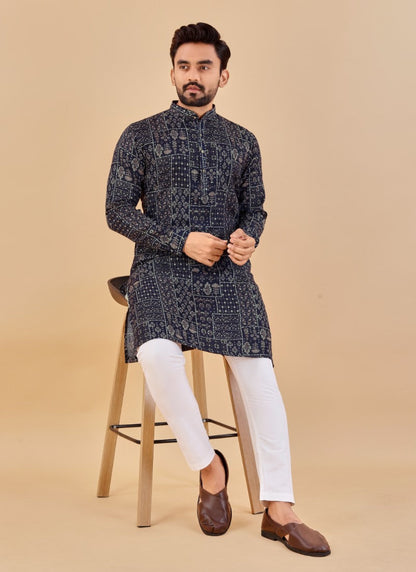 Navy Blue Cotton Men's Kurta Pyjama