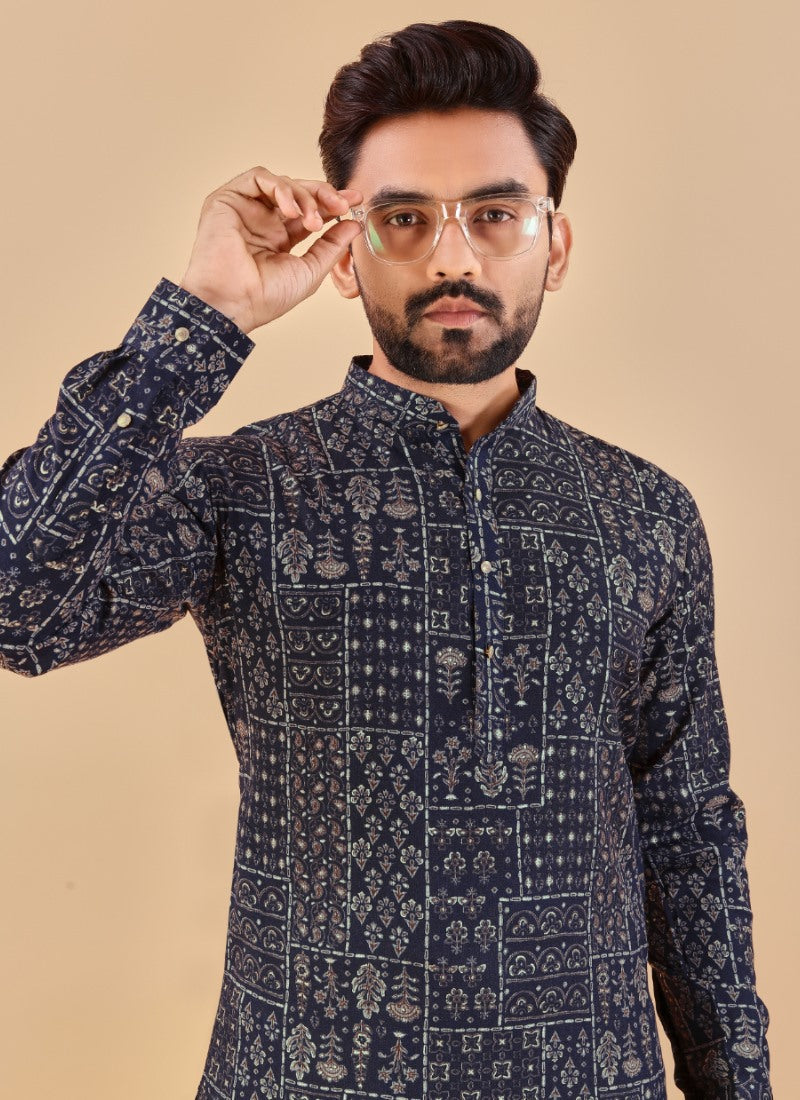 Navy Blue Cotton Men's Kurta Pyjama