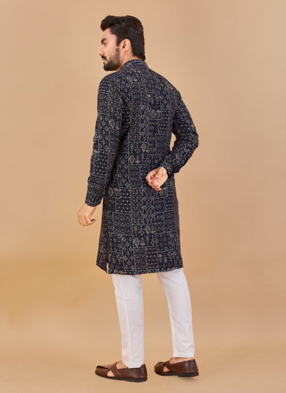 Navy Blue Cotton Men's Kurta Pyjama