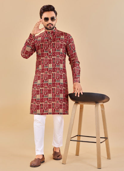 Red Cotton Men's Kurta Pyjama