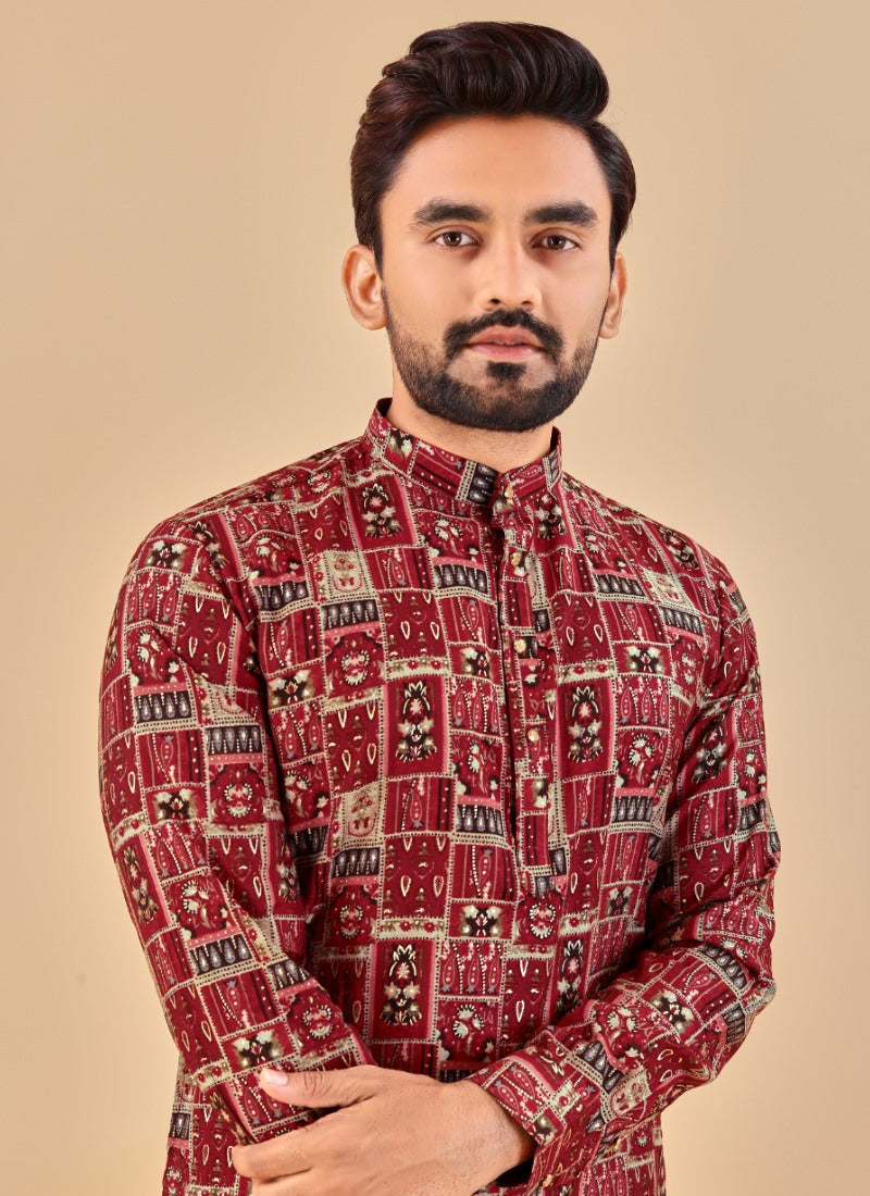 Red Cotton Men's Kurta Pyjama-2