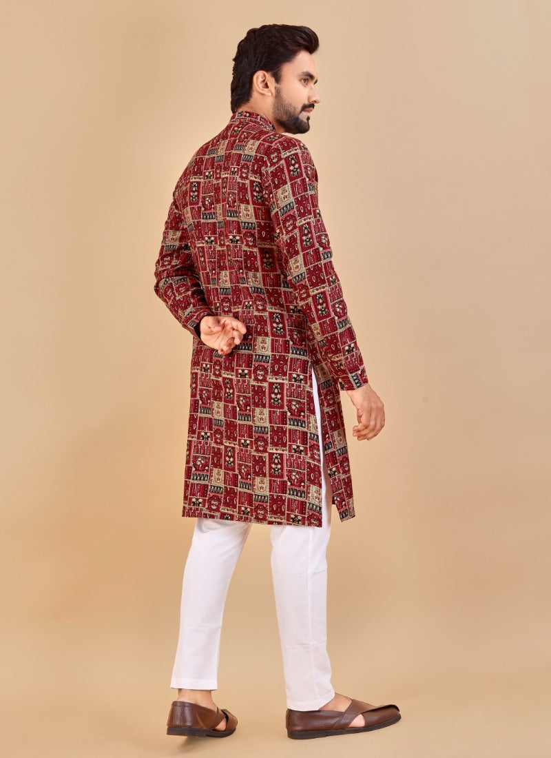 Red Cotton Men's Kurta Pyjama