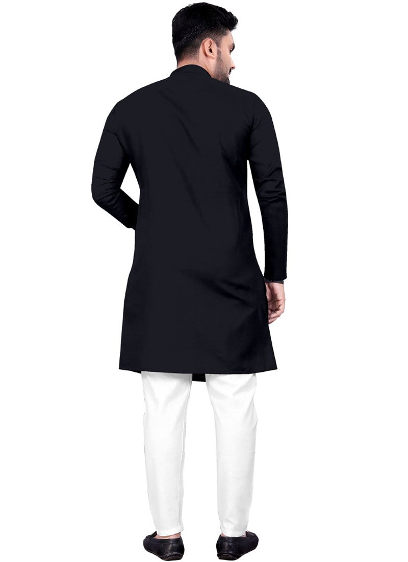 Black Cotton Men's Kurta Pyjama-2