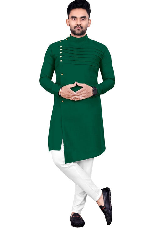 Dark Green Cotton Men's Kurta Pyjama