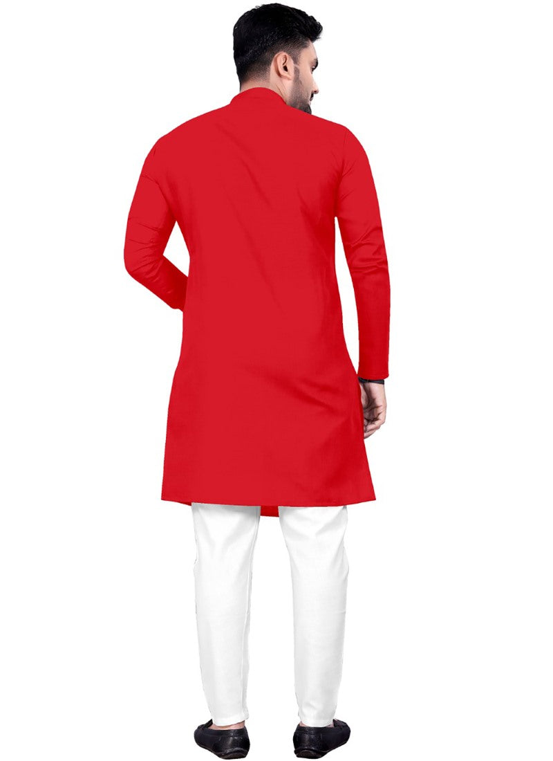 Red Cotton Men's Kurta Pyjama-2