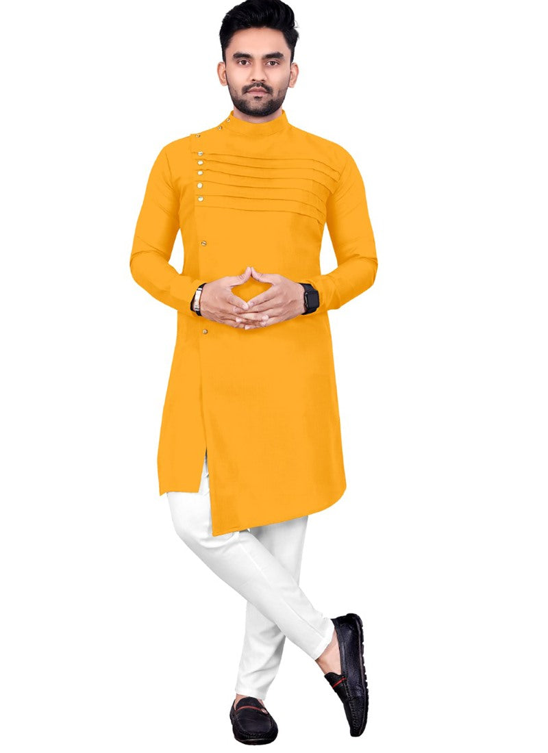 Yellow Cotton Men's Kurta Pyjama