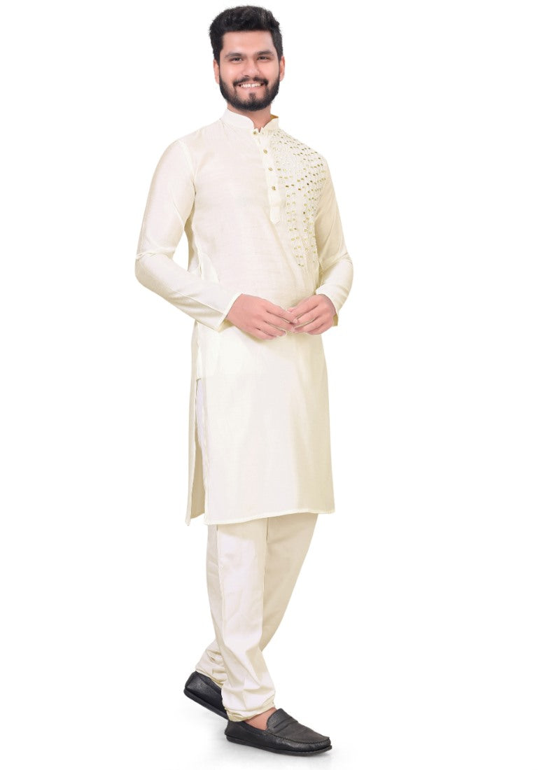 Cream Viscose Men's Kurta Pyjama