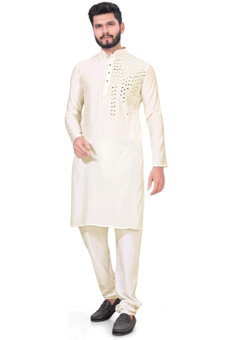 Cream Viscose Men's Kurta Pyjama