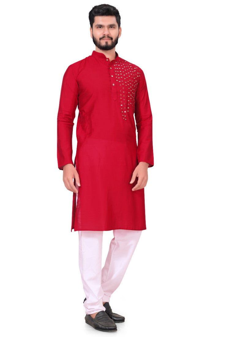 Red Viscose Men's Kurta Pyjama-2