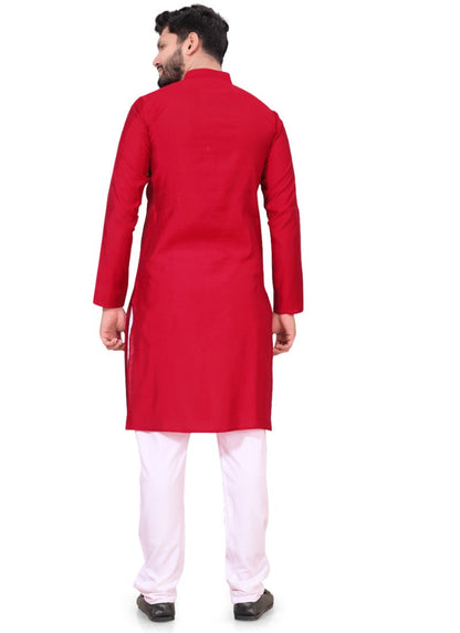 Red Viscose Men's Kurta Pyjama