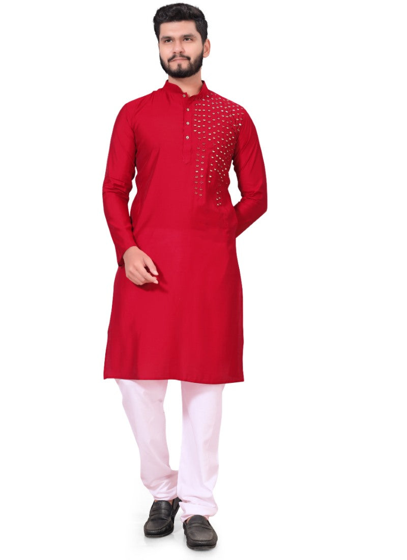 Red Viscose Men's Kurta Pyjama