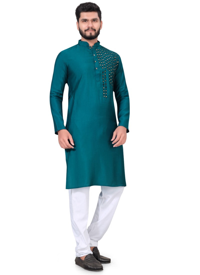 Teal Blue Viscose Men's Kurta Pyjama-2