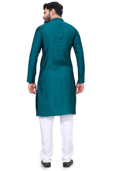 Teal Blue Viscose Men's Kurta Pyjama