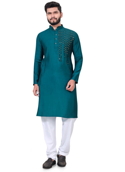 Teal Blue Viscose Men's Kurta Pyjama