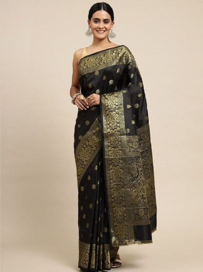 Black Banarasi Silk Saree With Resham Work