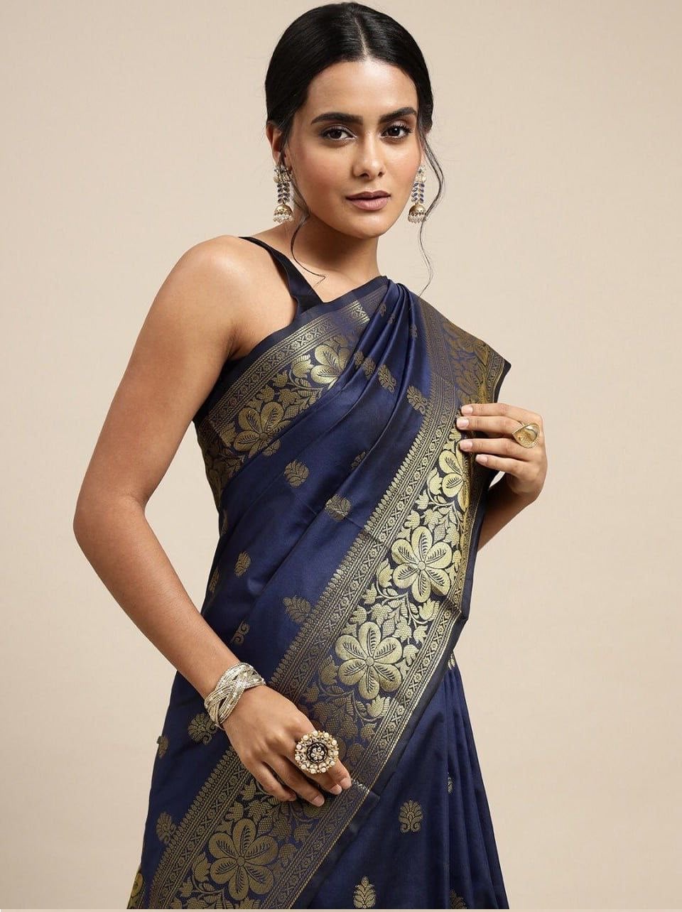 Navy Blue Banarasi Silk Saree With Resham Work