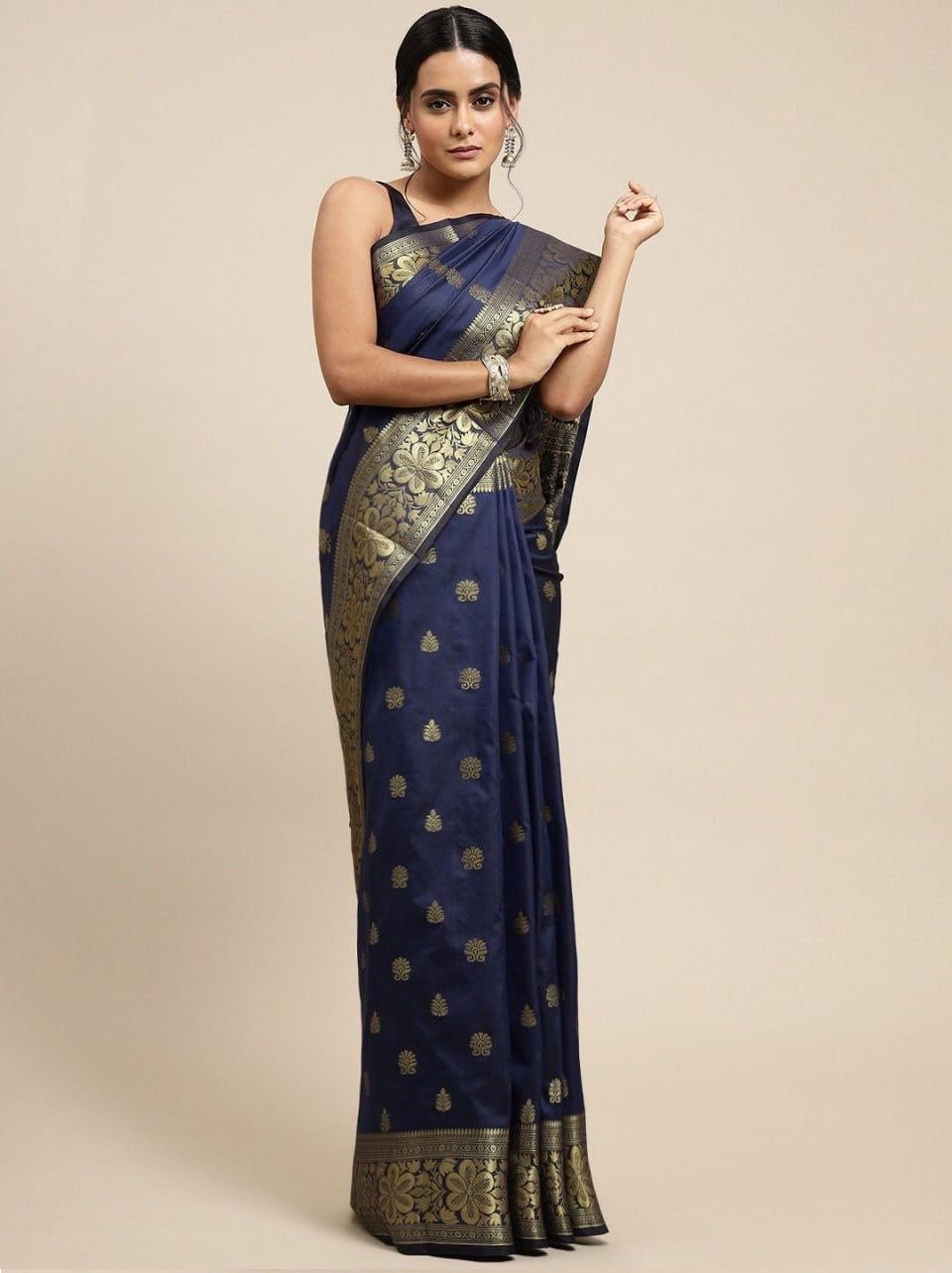 Navy Blue Banarasi Silk Saree With Resham Work