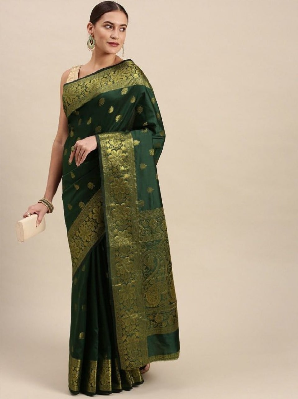 Dark Green Banarasi Silk Saree With Resham Work