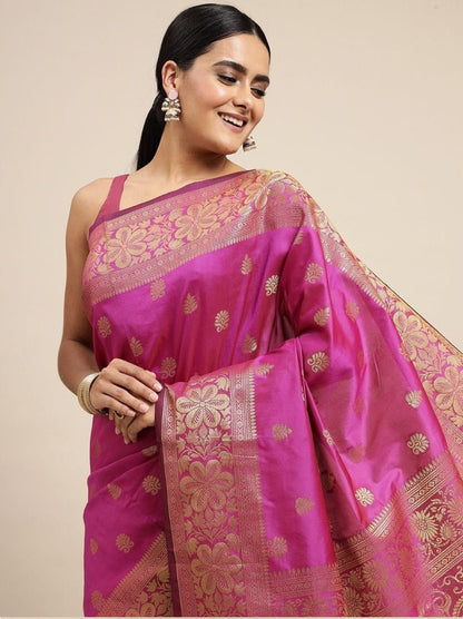 Pink Banarasi Silk Saree With Resham Work