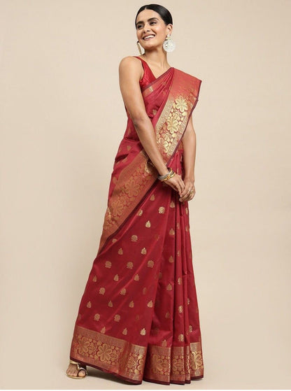 Red Banarasi Silk Saree With Resham Work