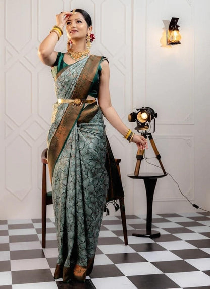 Green Banarasi Silk Saree With Resham Work