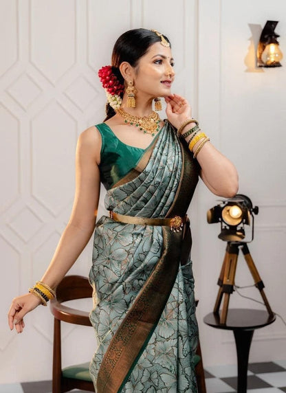 Green Banarasi Silk Saree With Resham Work