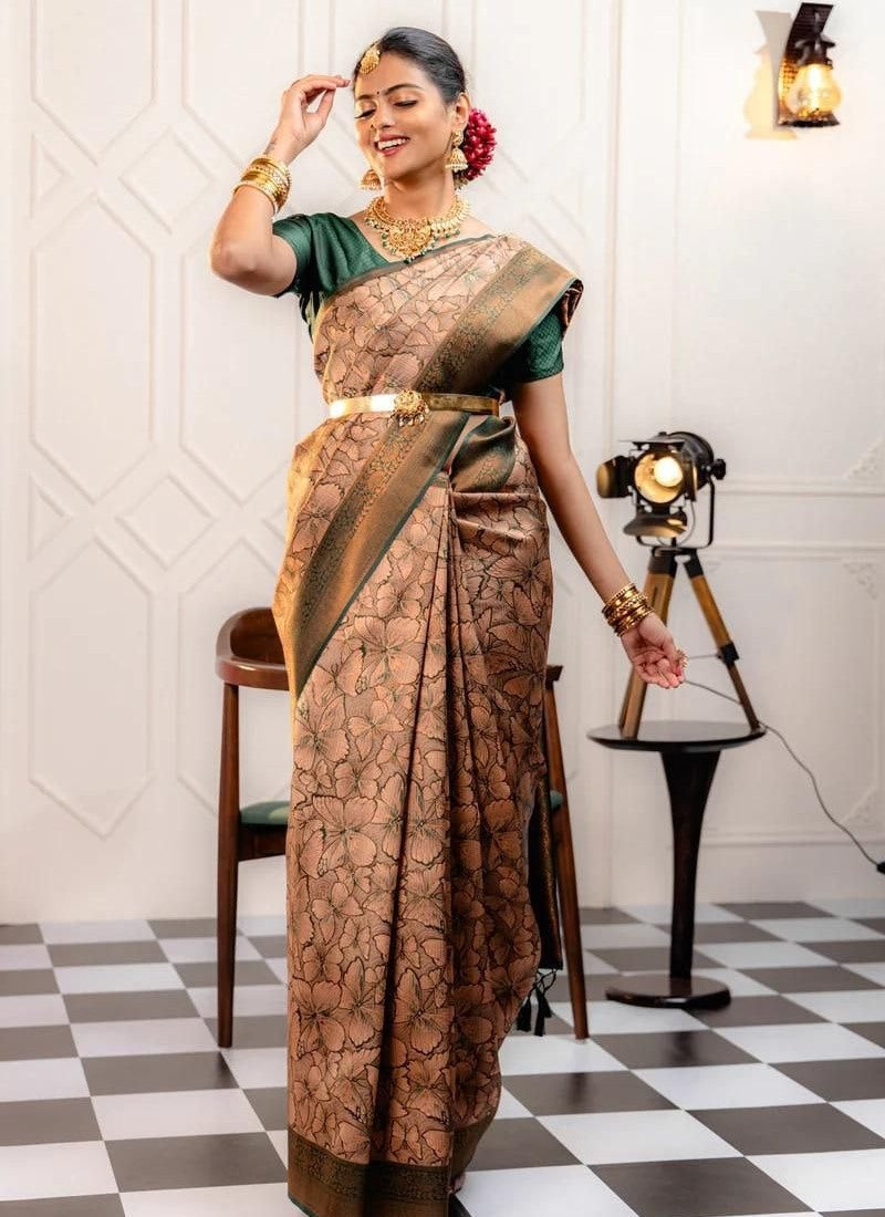 Brown Banarasi Silk Saree With Resham Work