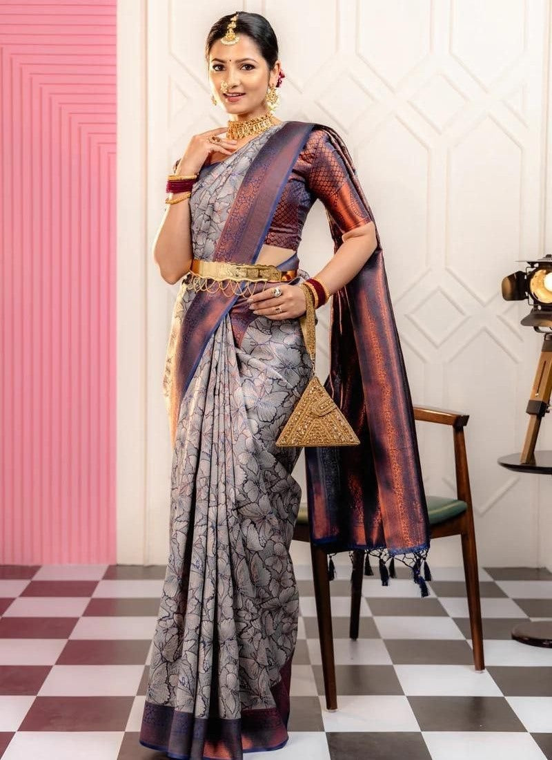 Blue Banarasi Silk Saree With Resham Work