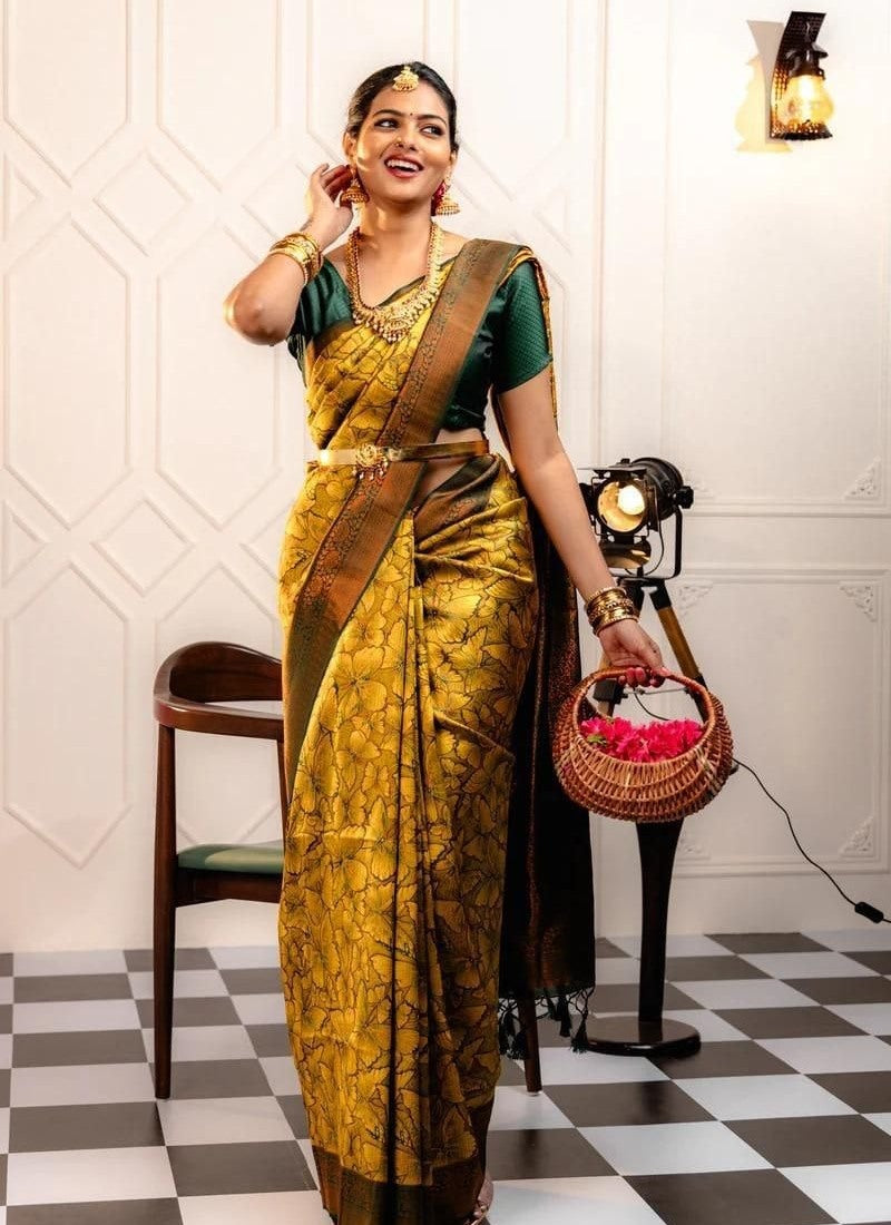 Golden Banarasi Silk Saree With Resham Work