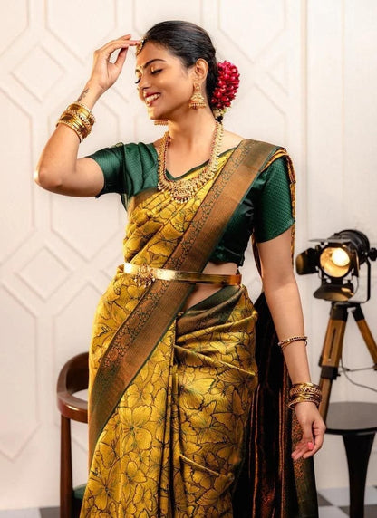 Golden Banarasi Silk Saree With Resham Work