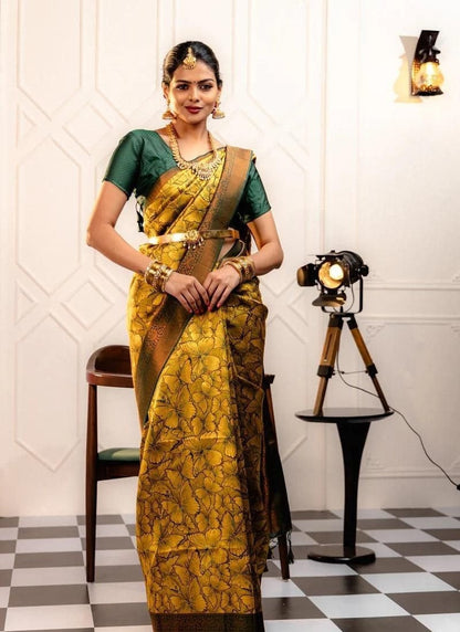 Golden Banarasi Silk Saree With Resham Work