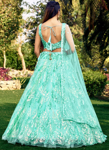 Aqua Party Wear Lehenga Choli With Sequins and Thread Work