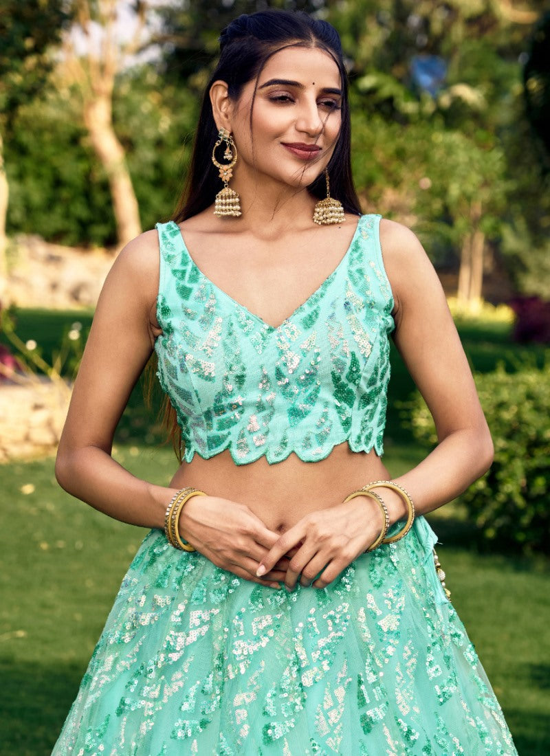 Aqua Party Wear Lehenga Choli With Sequins and Thread Work