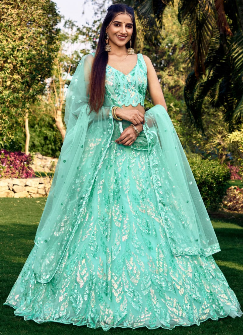 Aqua Party Wear Lehenga Choli With Sequins and Thread Work