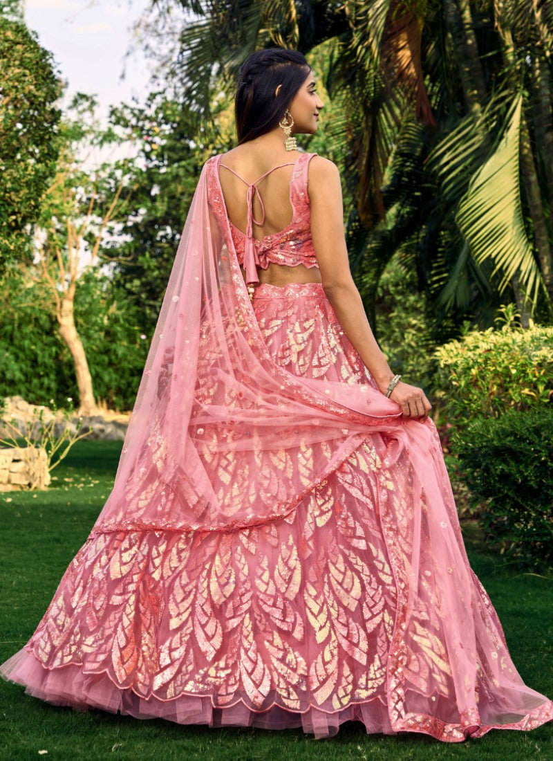 Pink Party Wear Lehenga Choli With Sequins and Thread Work