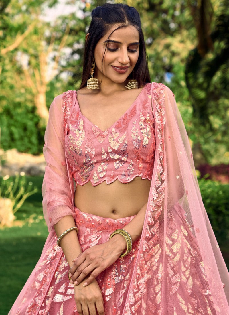 Pink Party Wear Lehenga Choli With Sequins and Thread Work