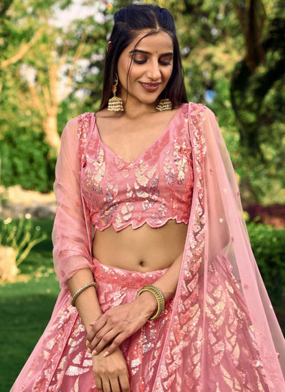 Pink Party Wear Lehenga Choli With Sequins and Thread Work