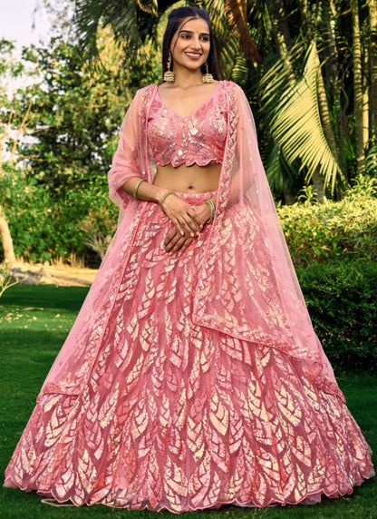 Pink Party Wear Lehenga Choli With Sequins and Thread Work